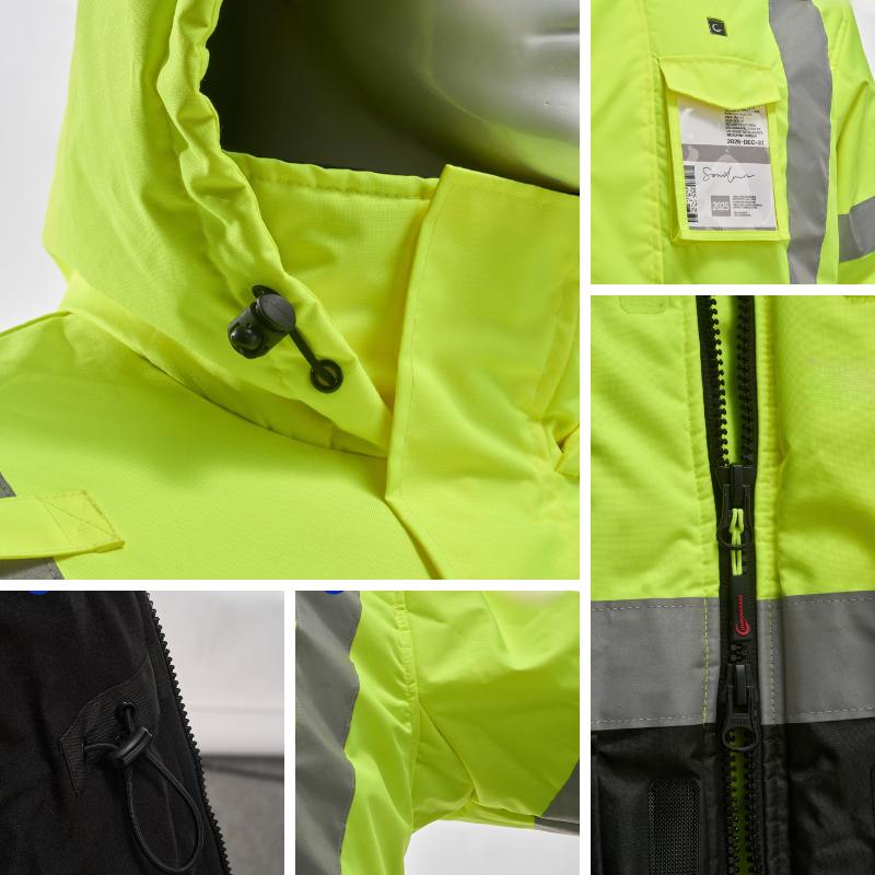 Detail of 12V 15,000mAh battery powering 7 Heating Zones on the Heated Safety Parka, showing high/medium/low runtime indication.