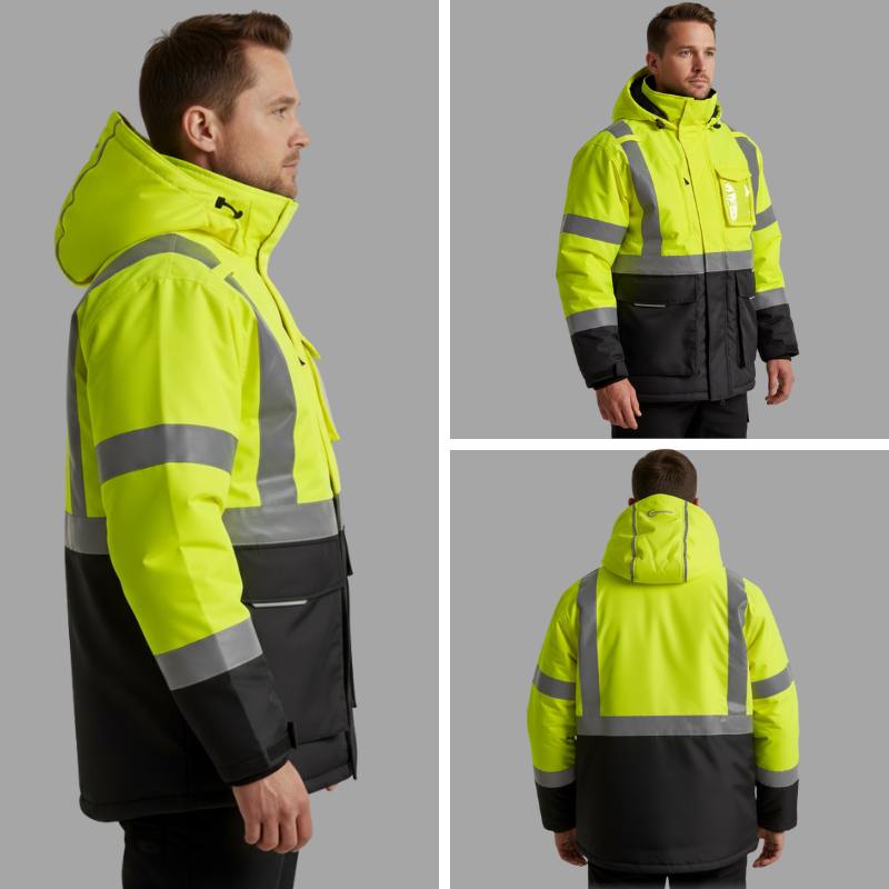Fluorescent Heated Hi-Vis Parka with 3M reflective stripes and extended drop-tail silhouette for maximum lower torso coverage and visibility.