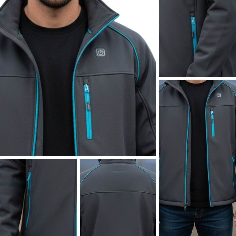 Close-up on the glove-friendly control switch and Velcro cuffs of the Heated Softshell Work Jacket, validated for 50+ washes.